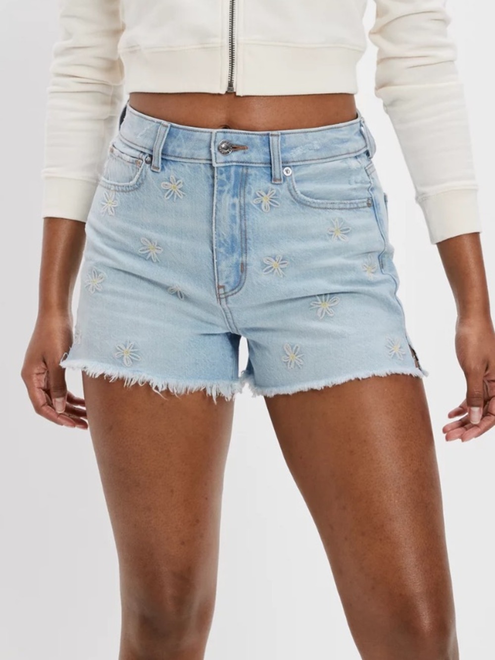 American Eagle Light Wash Denim Daisy Embroidered Jean Shorts